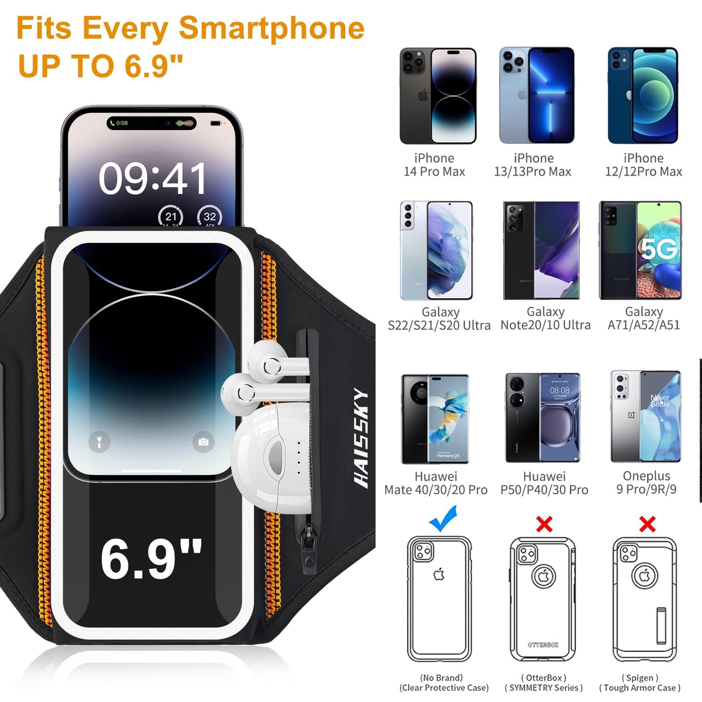 Running Armband with Earphone Bag Cell Phone Armband for iPhone 17 16 15 Pro 14 Plus 13 11 XR, Galaxy S24/S10 Water Resistant Sports Phone Holder Case & Zipper Slot Car Key Holder for 6.9 inch Phone