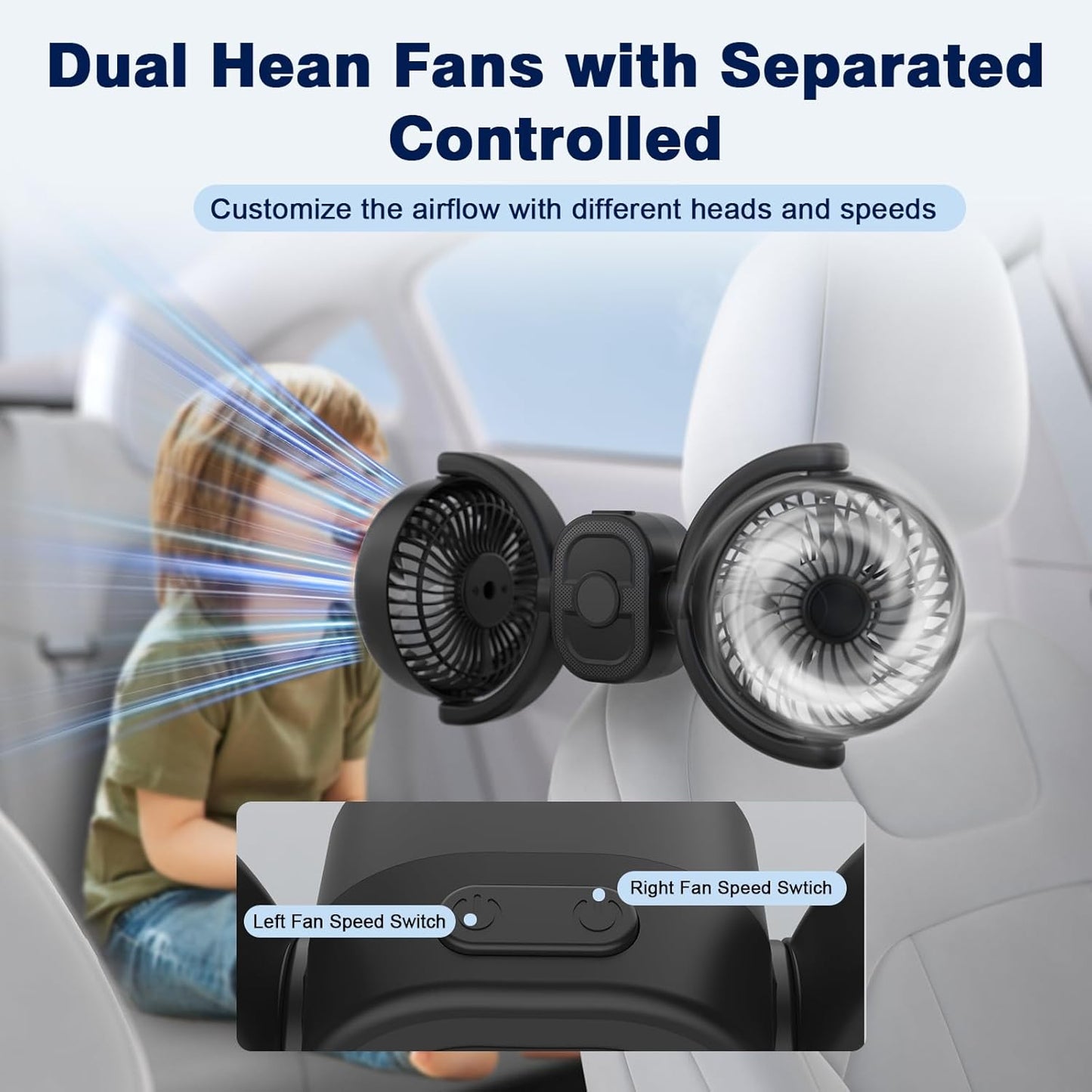 360 3-Speed 5V 2A Hayousui Rechargeable Dual-Head Fan for Car: USB Cooling Backseat Fans for Baby with Rotatable