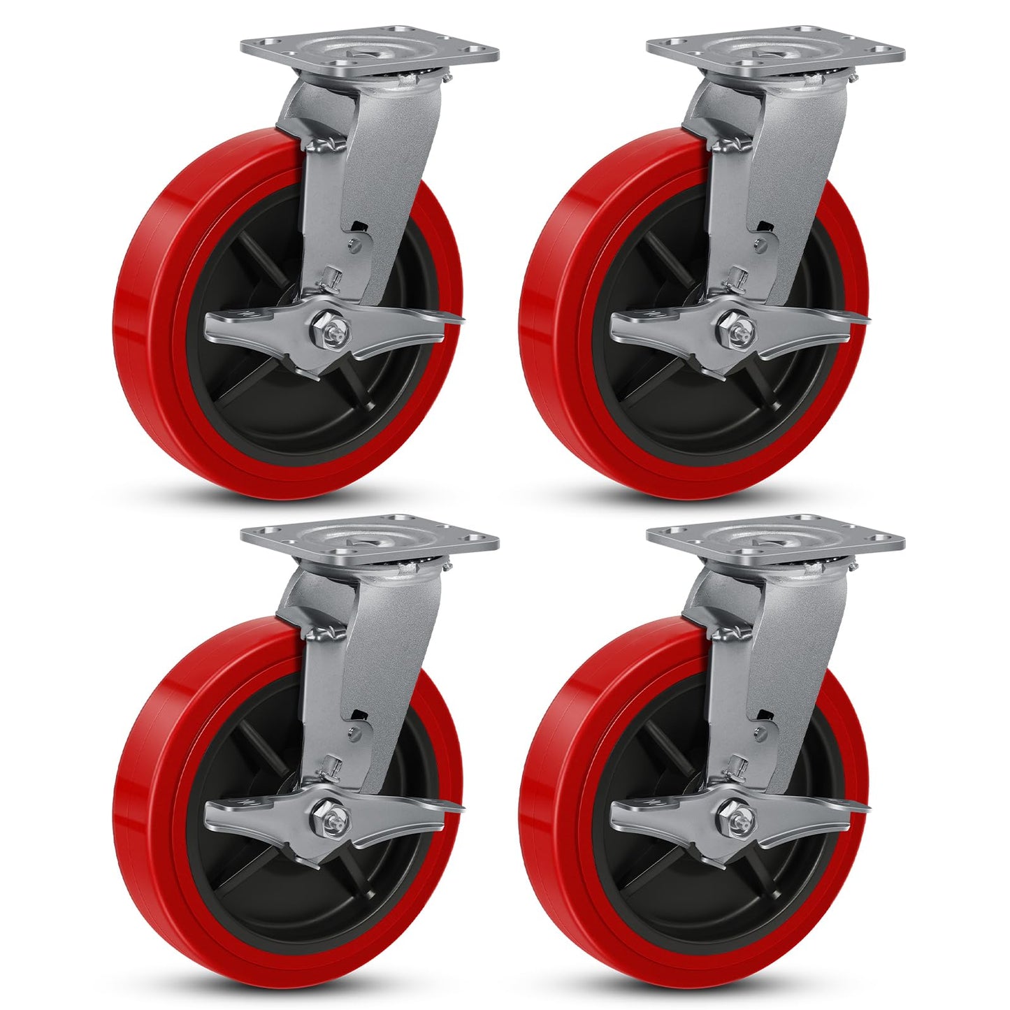 8"x 2" Heavy Duty Industrial Casters, Polyurethane on Polyolefin Core Wheel- Capacity up to 6000 Lbs (Set of 4), Use for Platform Truck, Industrial Equipment (4 Brake)