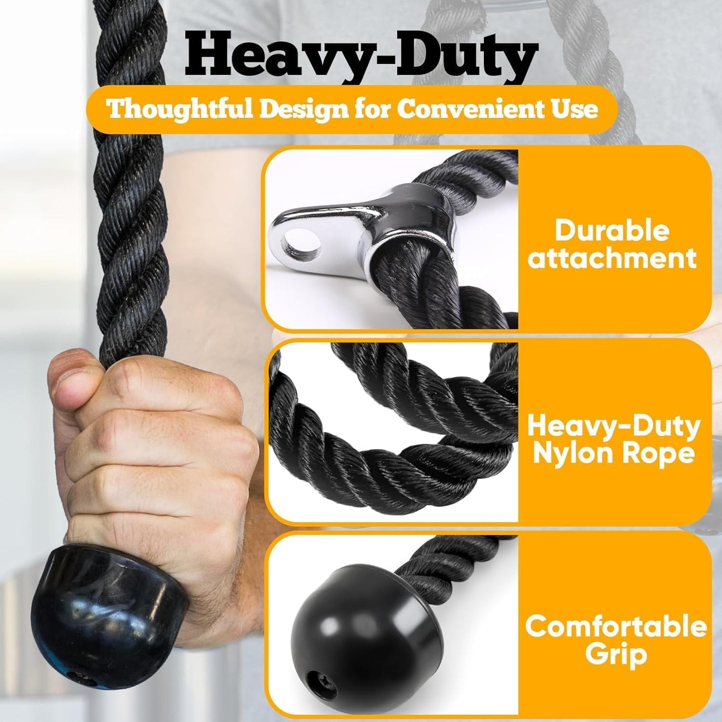 Double Length Tricep Rope for Cable Machines - 55 Inch Heavy Duty Pulldown Attachment, 4ft 7in Gym Strength Training Accessory & Home Workout Equipment (55in)