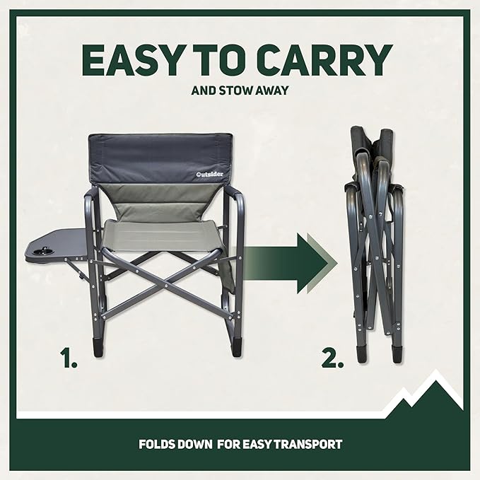 OUTSIDER Portable Directors Camping Chair, Lightweight Folding Aluminum Outdoor Chair with Side Table and Storage Pouch for Camping, Lawn, Sports and Fishing, Heavy Duty Supports 350lbs