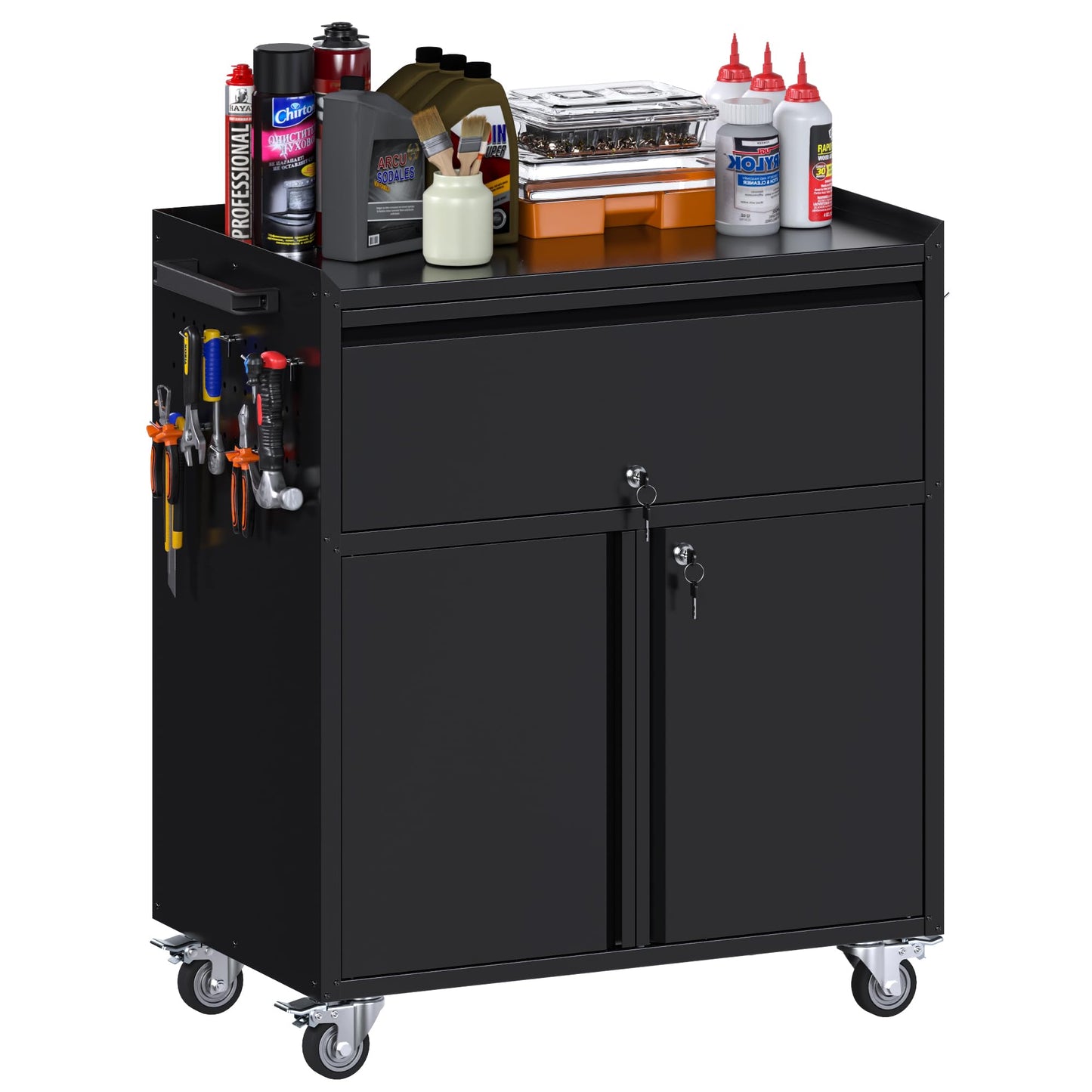 Aobabo Rolling Metal Garage Cabinet, Lockable Storage Cabinet with 1 Drawer, Pegboards, Hooks & Wheels, Heavy Duty Steel Utility Cabinet for Garage, Workshop, Home Office, Black, Assembly Required