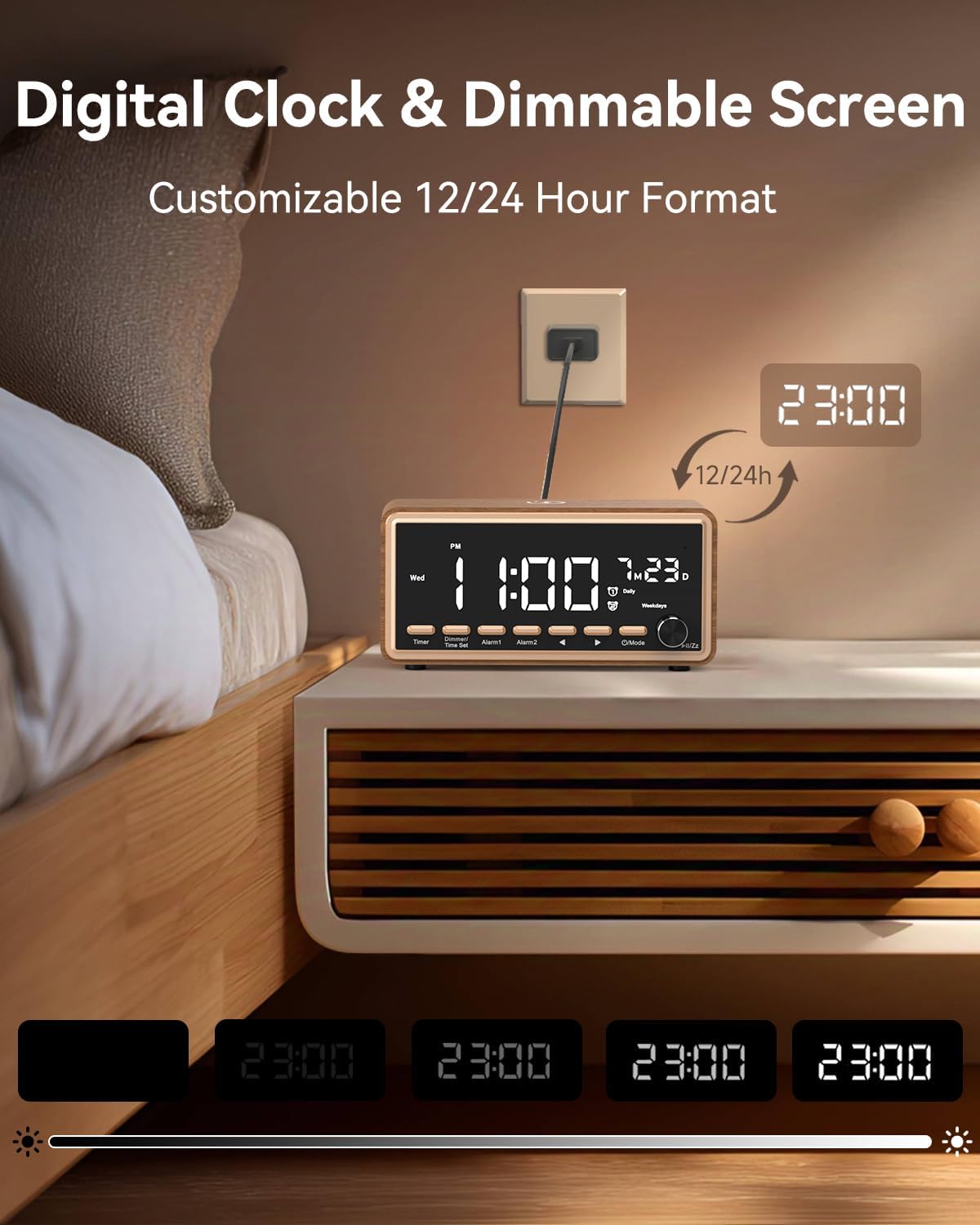Charging,Dimmable Digital Alarm Clocks Radio for Bedrooms,FM Radio & White Noise Sound Machine with Timer,Bluetooth