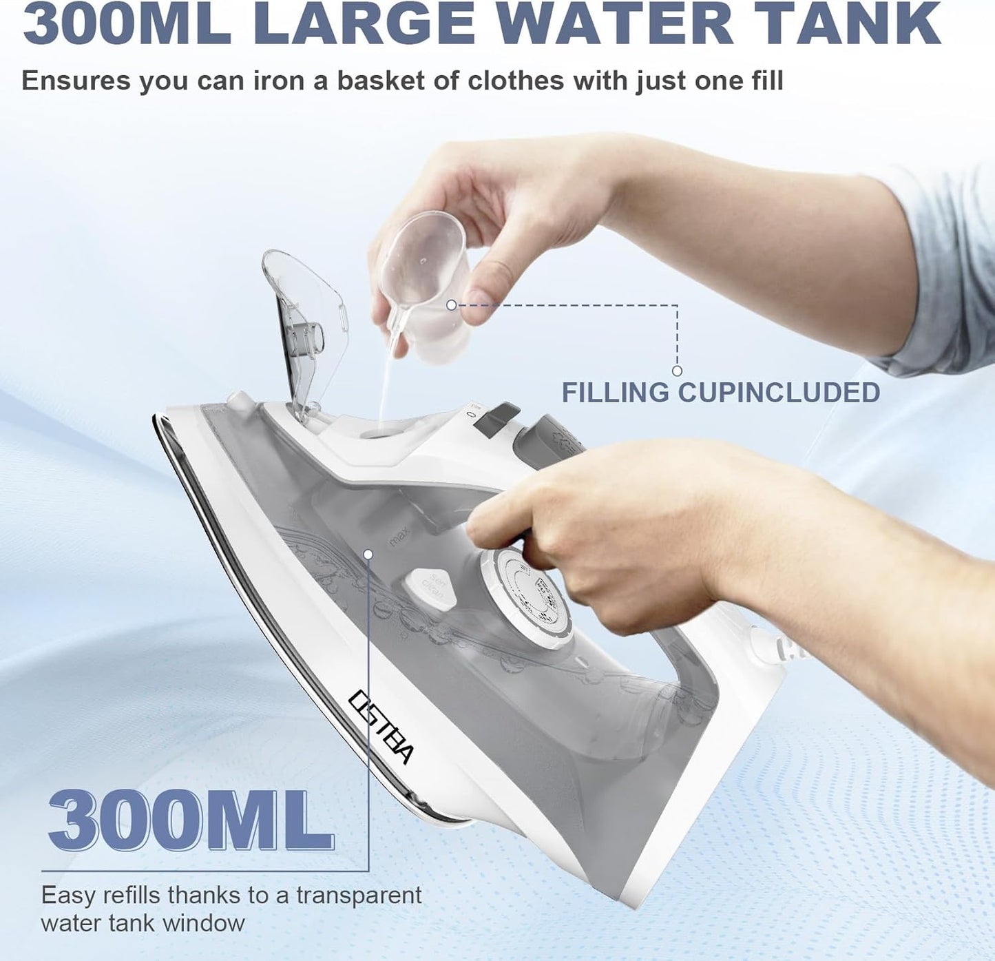 OSTBA 1600W Steam Iron - Rapid Heating, Nonstick Soleplate, Self-Cleaning, 300ml Water Tank