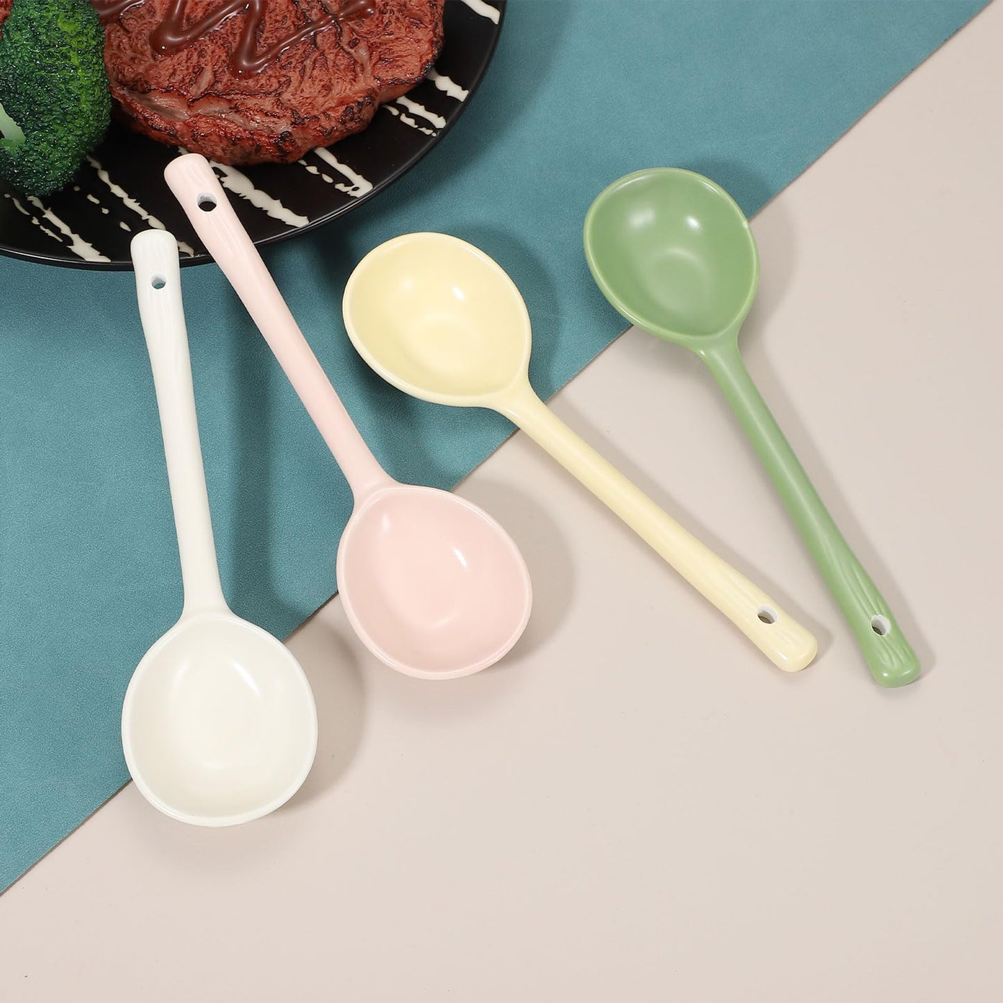 uxcell 1 Set Ceramic Soup Spoons, Long Handle Dinner Serving Spoon for Soup, Noodles, Dumplings Yellow/Green/White/Pink