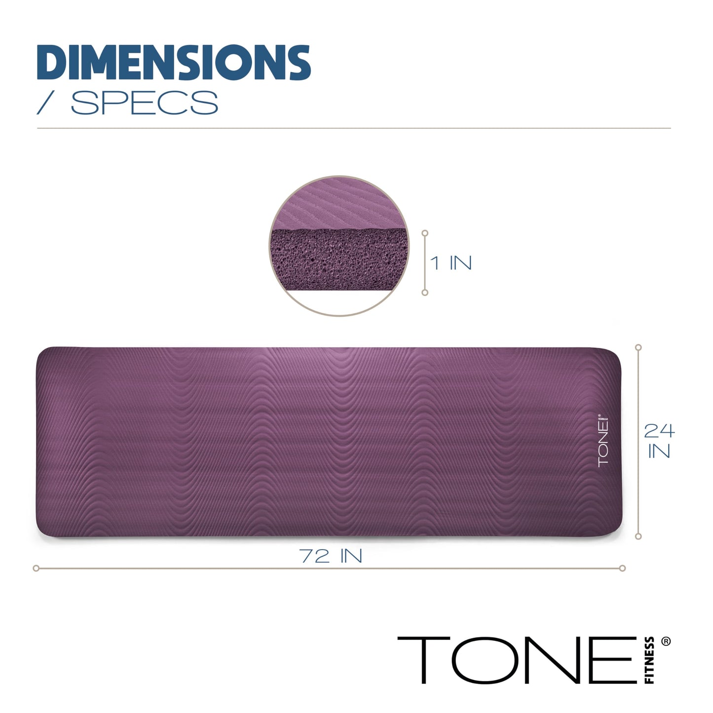 TONE Fitness Premium Extra Thick 1-Inch High Density Exercise Mat with Carry Strap – Non-Slip Workout, Pilates, and Yoga Mat for Home Gym - Color Purple - Wave Pattern