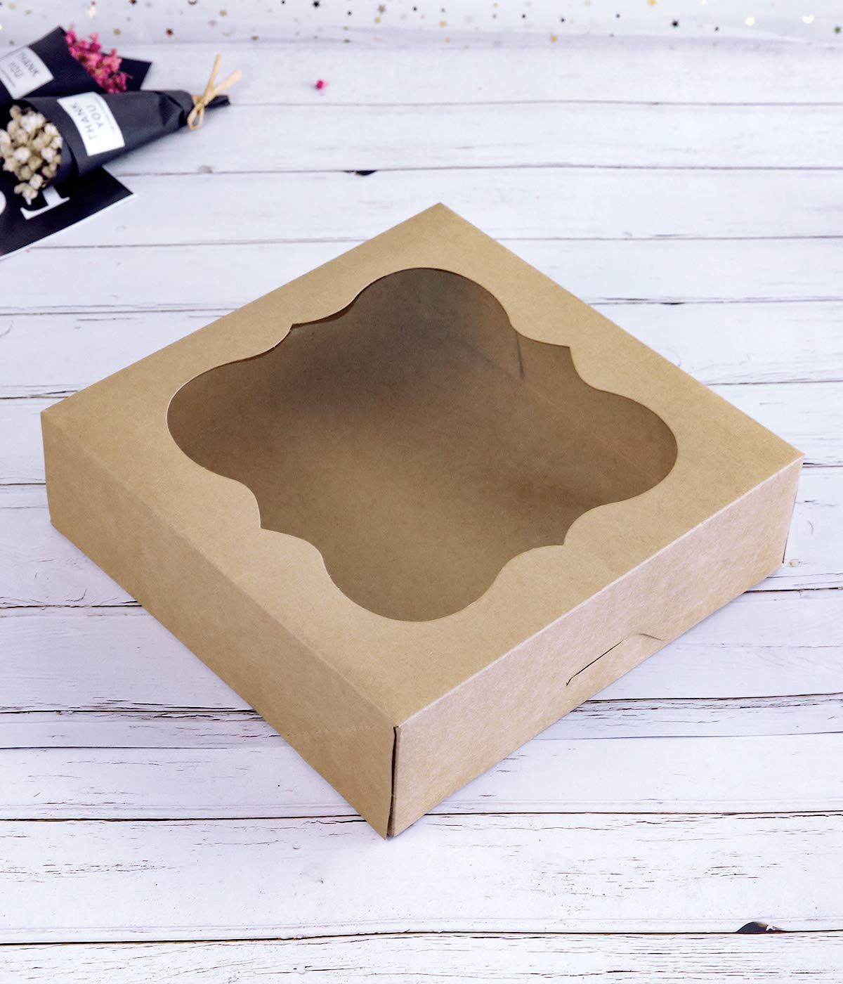 CHERRY 15-Pack 10"x10"x3"Brown Bakery Boxes with PVC Window for Pie and Cookies Boxes Small Natural Kraft Paper Box 10x10x3inch Pack of 15