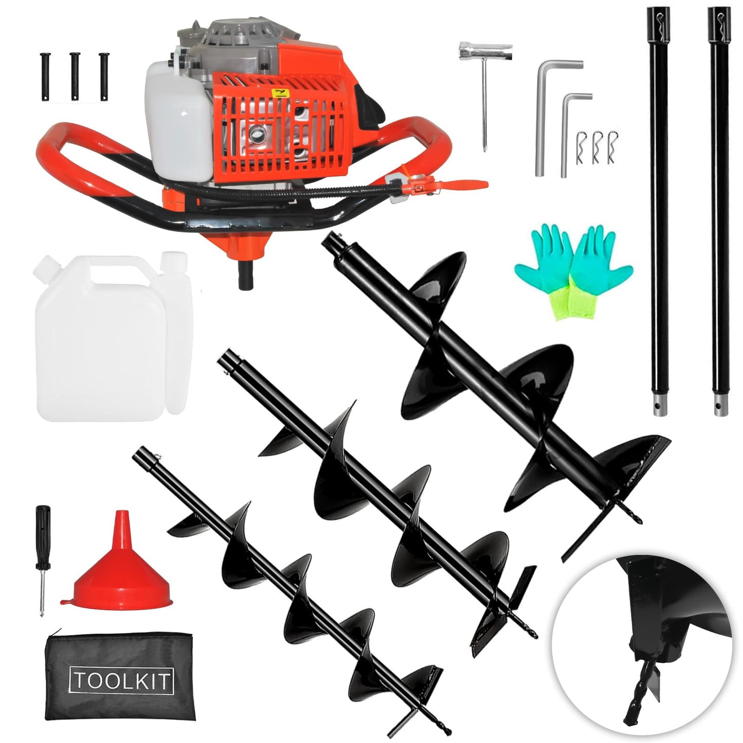 SICAN Post Hole Digger,72CC 2 Stroke Auger Post Hole Digger, Gas Powered Earth Digger 3 Auger Drill Bits(4"&8"&12'') and 2 Extension Rods for Farm Garden Plant (72cc Morden Digger)