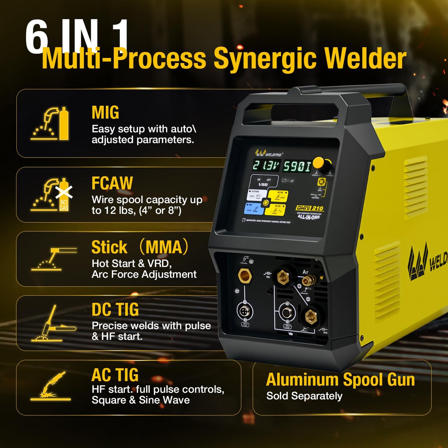 Weldpro Omni210 MIG Welder 200A Multi-Process Welder 110V/220V,Synergic MIG/Flux Core/Stick/Spool Gun/AC/DC HF TIG with Pulse,6-in-1 Frequency Control Welding Machine with Standard TIG Torch,VRD