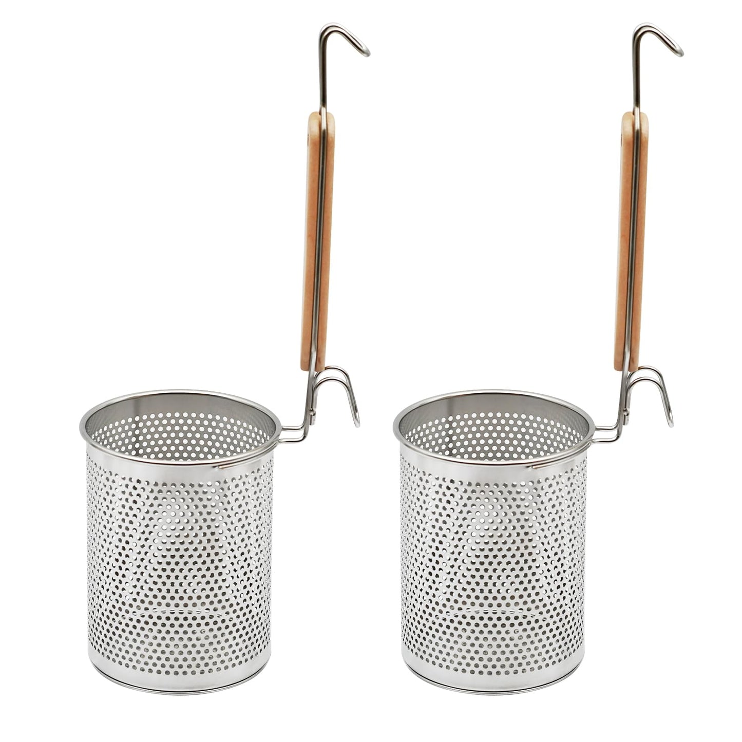 Stainless Steel Pasta Strainer, 2pcs Micro-Perforated Food Dumpling Noodle Strainer with Wood Handle Straining Noodles Pasta Baskets