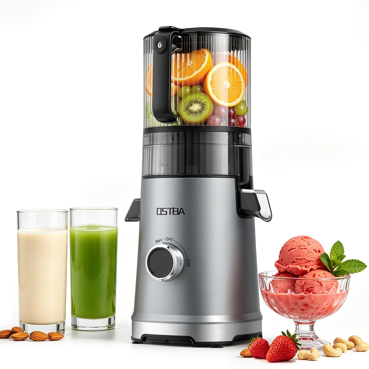 3-in-1 Cold Press Juicer, OSTBA 600W Slow Masticating Juicer with 6" Extra Large Feed Chute for Whole Fruits & Vegetables, Juicer, Nut Milk Maker & Sorbet Machine, Easy to Clean