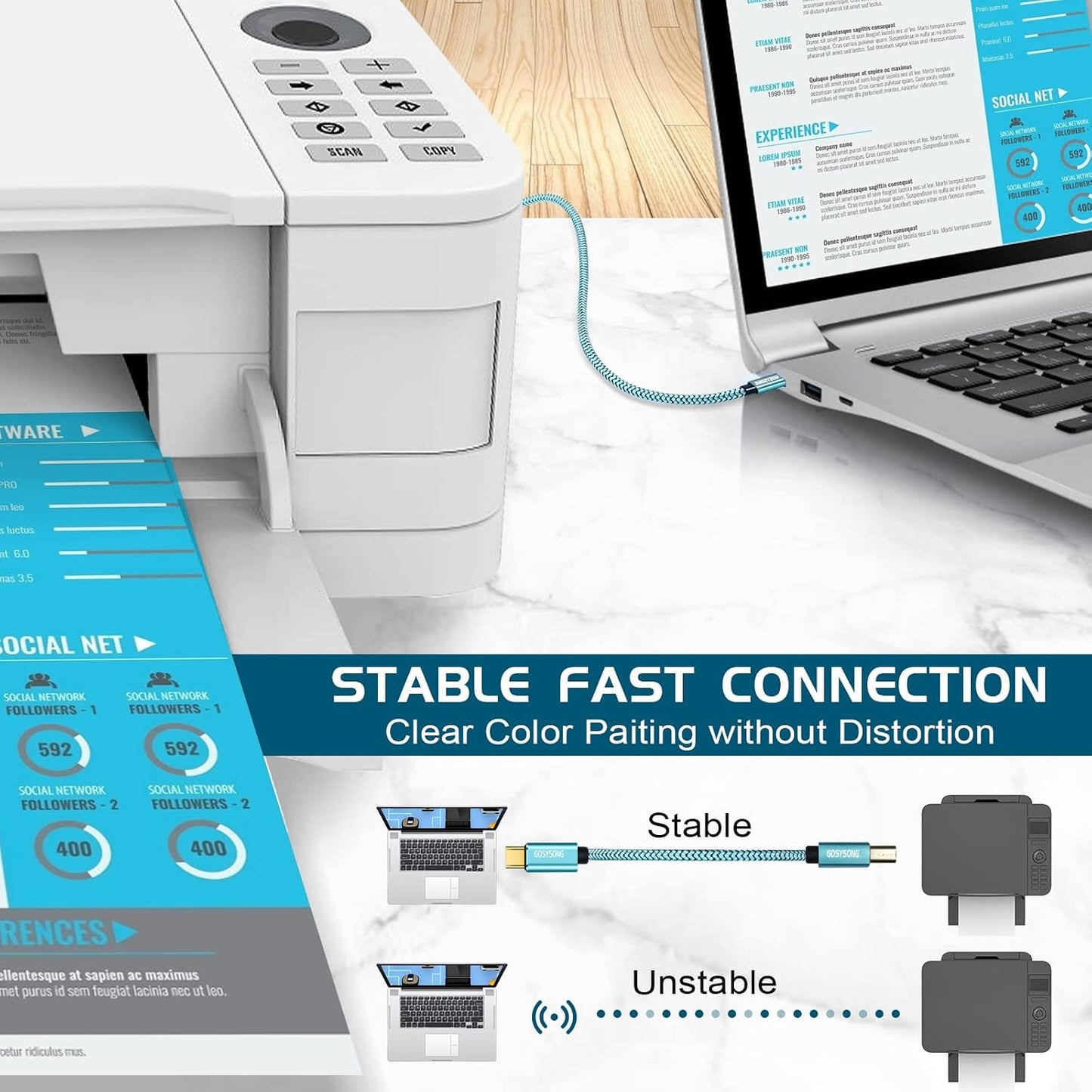 10ft USB C to USB B Printer Cable - High Speed Compatible with Printer, Scanner, Fax Machine, Midi Keyboard