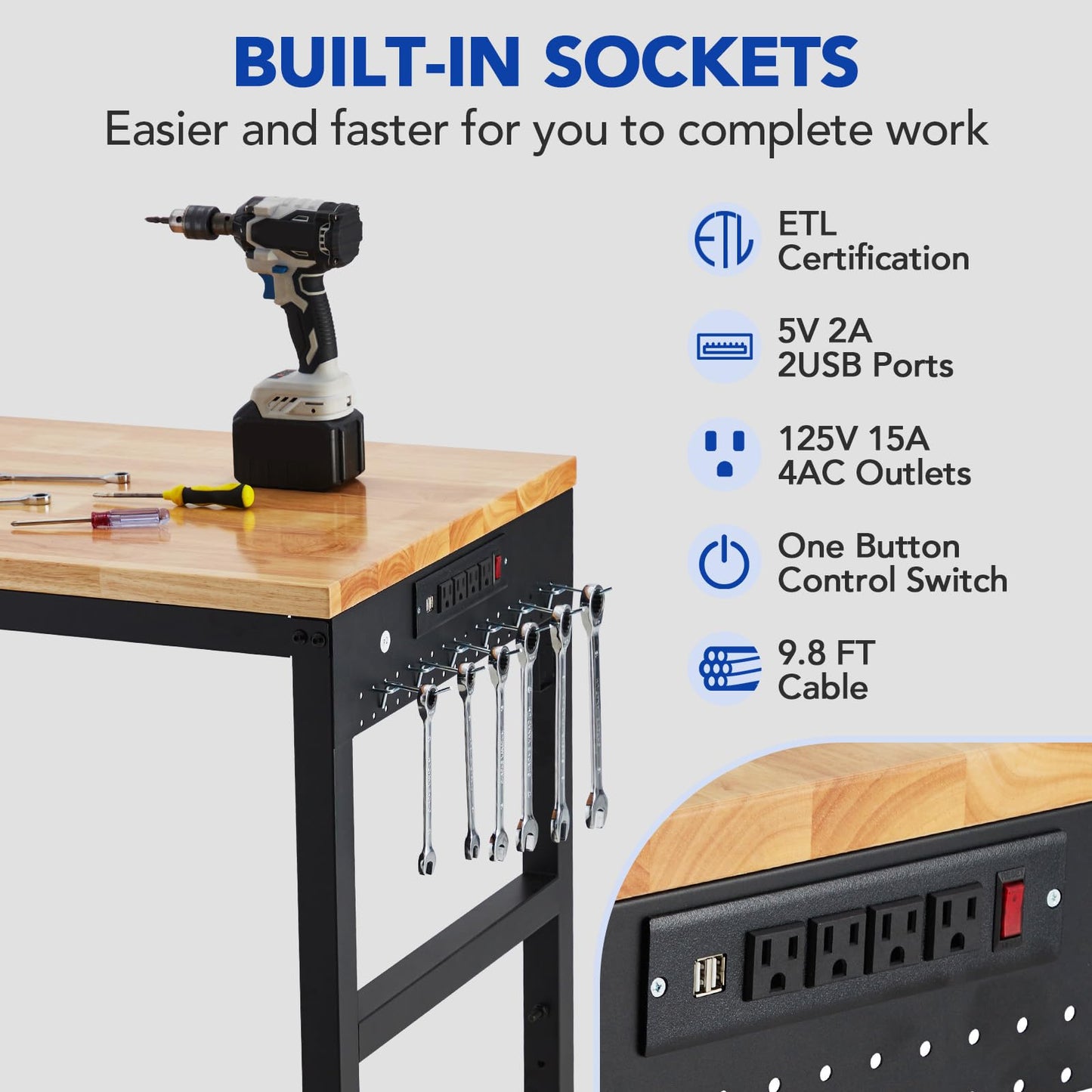 ExploreHorizon Workbench Adjustable 75' x 25', 29.5"-38.4" Heights Garage Worktable with Universal Wheels Power Outlet, Heavy-Duty Table for Workshop Office Home Commercial, 2000 Lbs Load Capacity