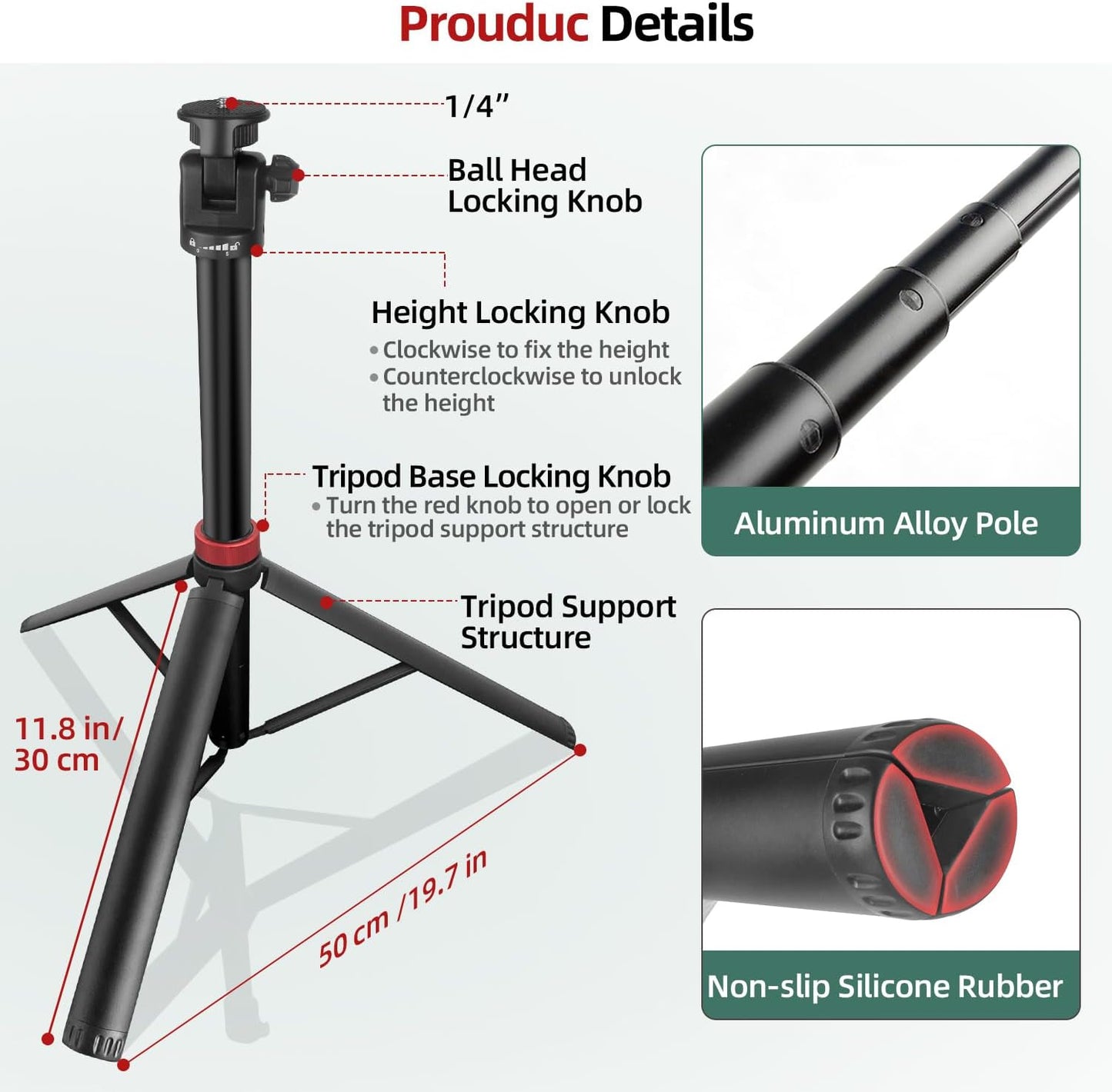 JEBUTU 1/4" Extendable Tripod Aluminum, Portable Adjustable Light Stand with Screw Phone Holder & Remote, Ball Head