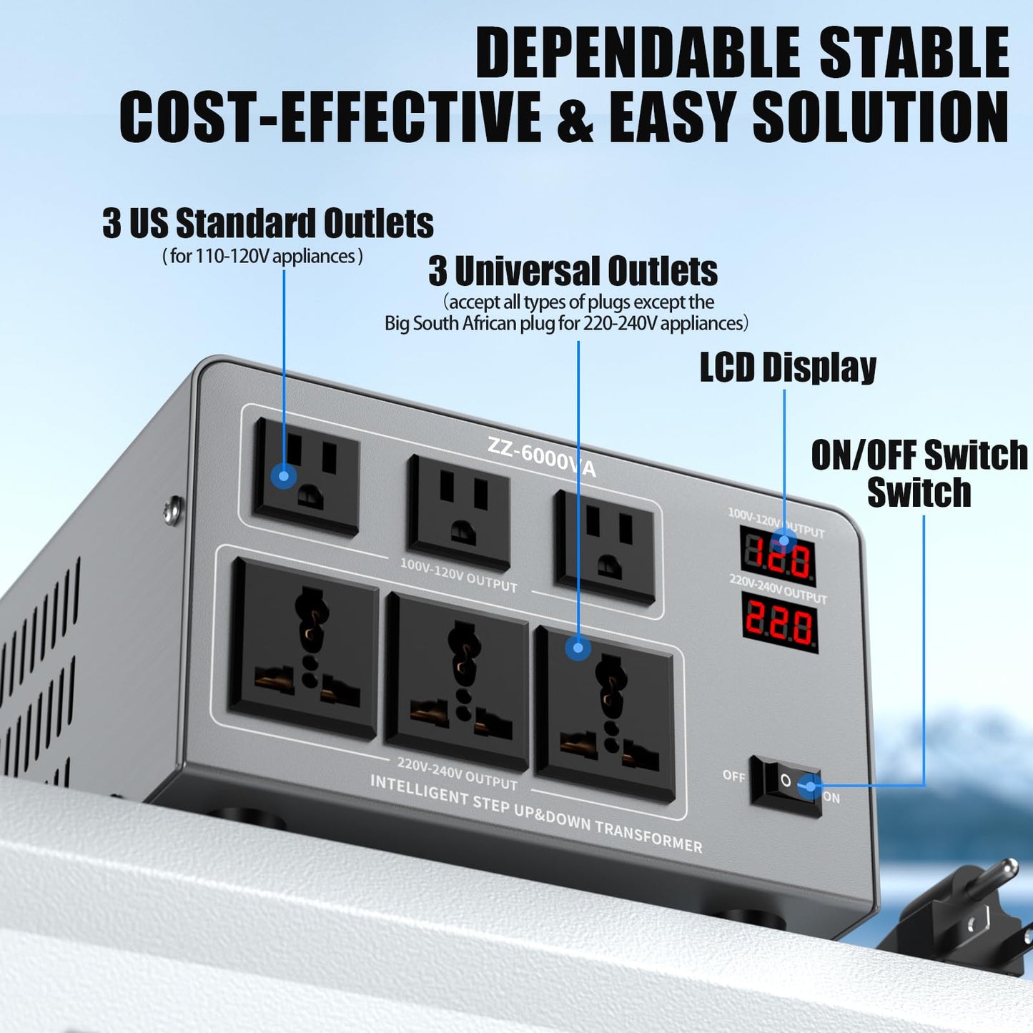 6000W Voltage Converter Transformer Step Up/Down 110V/120V to 220V/240V, Auto Voltage Recognition, Heavy Duty Power Converter with 6 Outlets, LCD Display & Circuit Breaker for Home, International Use