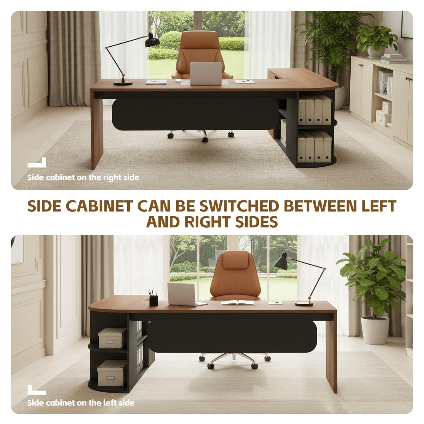 SimpArt Executive L-Shaped Office Desk with Storage Shelves, Modern Executive Desk with Curved Edge, Large Workstation Desk for Home Office, Business Office Furniture