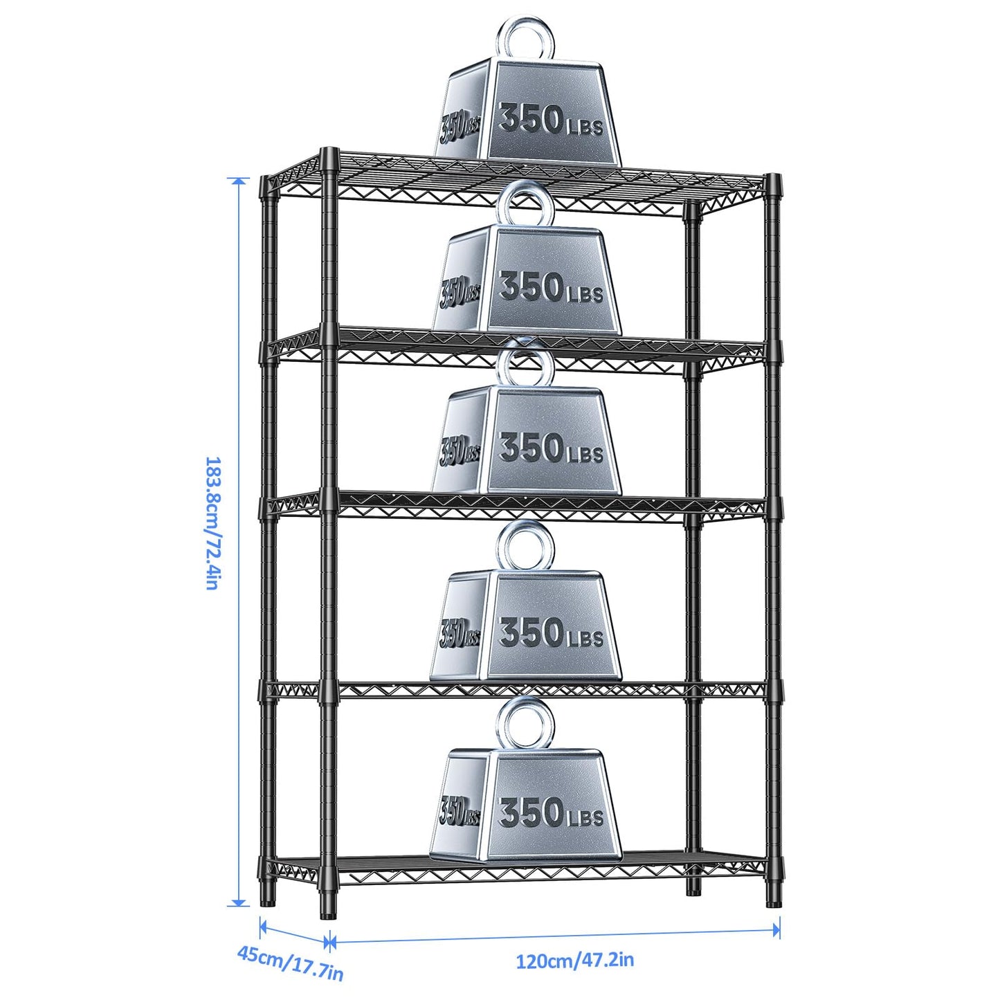 IZEUK 5-Tier Heavy Duty Metal Storage Shelving Unit (Black, 17.7" D x 47.2" W x 72.3" H, 1750 lbs Capacity), Adjustable Steel Wire Rack Shelf Organizer for Garage, Kitchen, Basement, Laundry, Office
