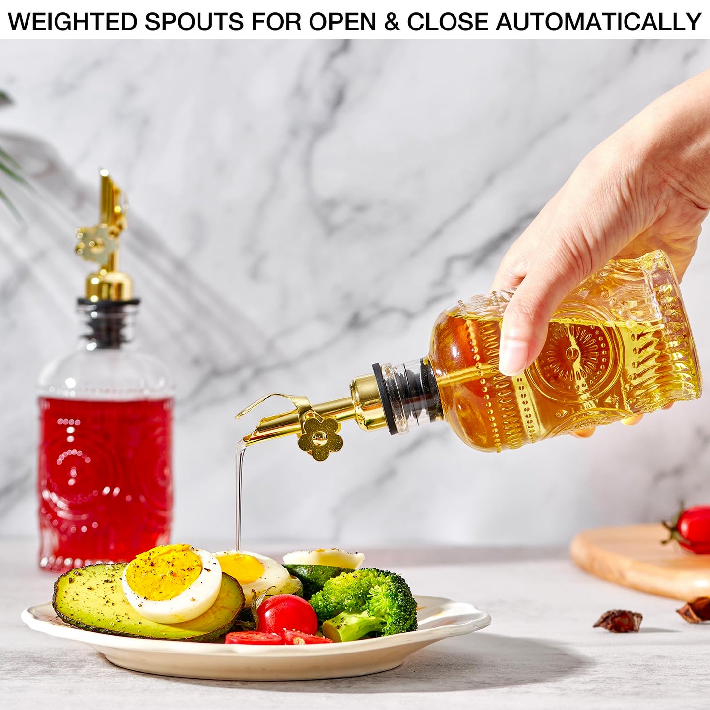 MUVEKA Olive Oil Dispenser Bottle for Kitchen, 7 oz/ 200 ml Cooking Oil Dispenser, Oil and Vinegar Dispenser Bottle Set, Glass Oil Containers with Weighted Pourer Spouts, Oak Corks