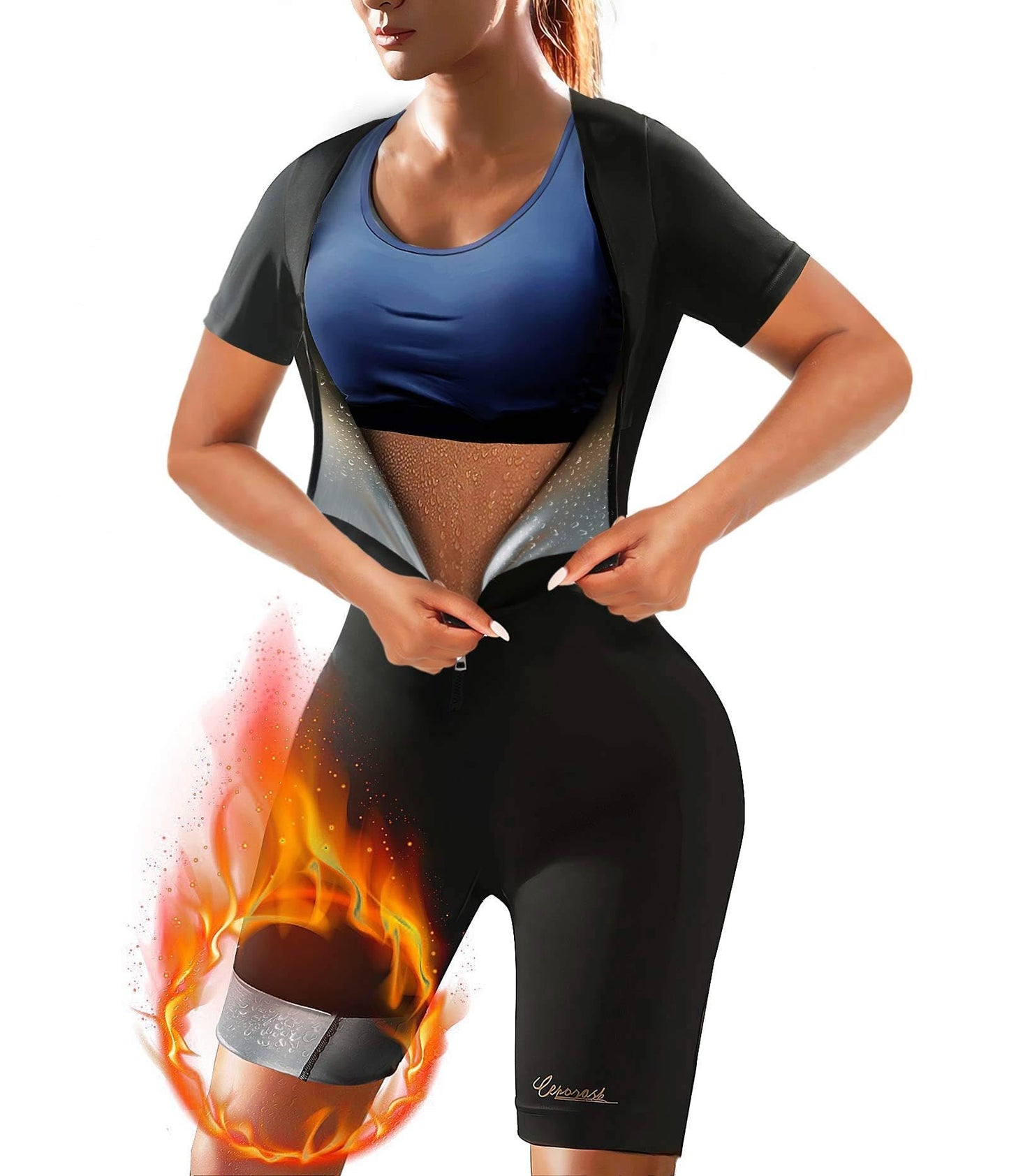 CEPORASK Sauna Suit For Women Weight Loss Full Body Workout Sweat Vest Waist Trainer Suana Suite Shirt Gym Slimming Shapewear (L)