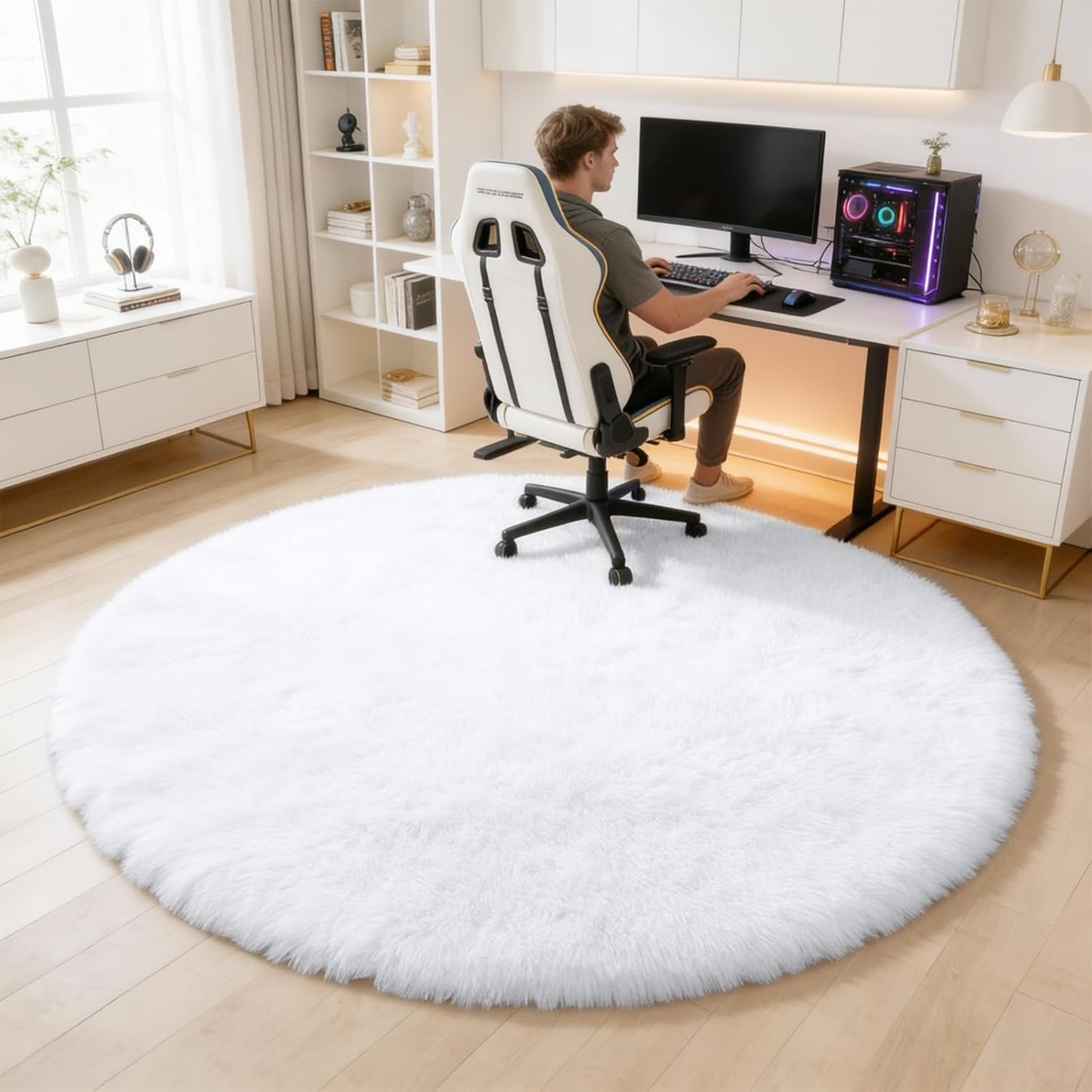 OLANLY White Round Area Rug - Soft & Fluffy 6 ft Machine Washable Carpet for Bedroom & Living Room Decor