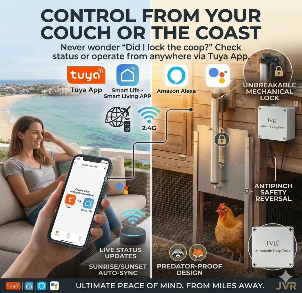 JVR WiFi Automatic Chicken Coop Door, Smart App Remote Control & Alexa Compatible, Sunrise & Sunset Automation, Anti-Pinch Sensor, Security Aluminum Door Kit, 2.4G WiFi