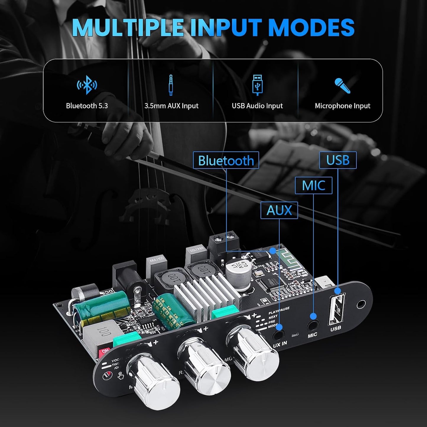 Beffkkip ZK-10001UM 5.3 100W (9-24V Bluetooth Amplifier Board, Mono Class D Power Amp with TWS Pairing, USB/AUX Input