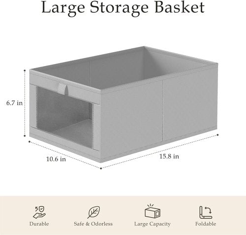 Criusia Linen Closet Organizers - 4 Pack Foldable Storage Baskets for Towels, Clothing & More | Grey
