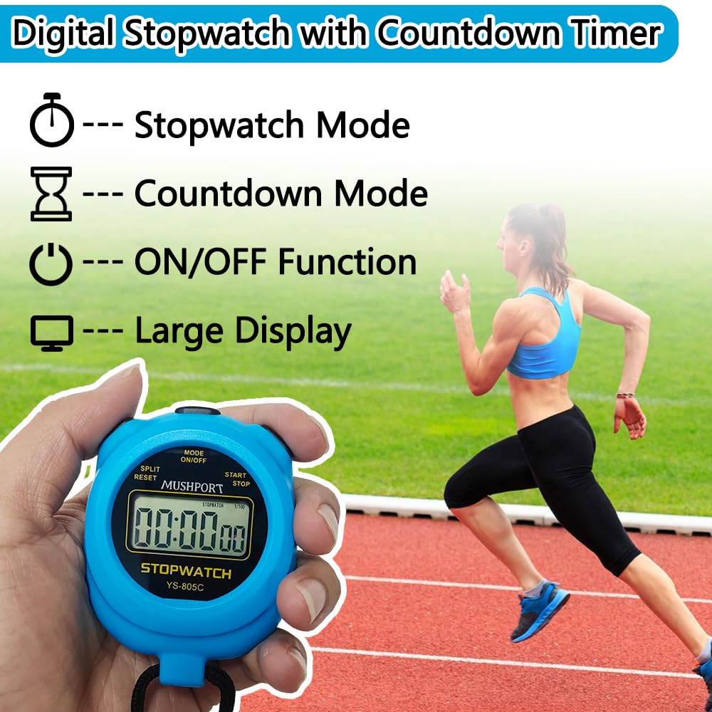 MUSHPORT 2 Pack Digital Stopwatch Sport Timer, ON/Off Countdown Large Display Simple Stop Watch for Sports Coaches PE-Teacher Referees, Blue