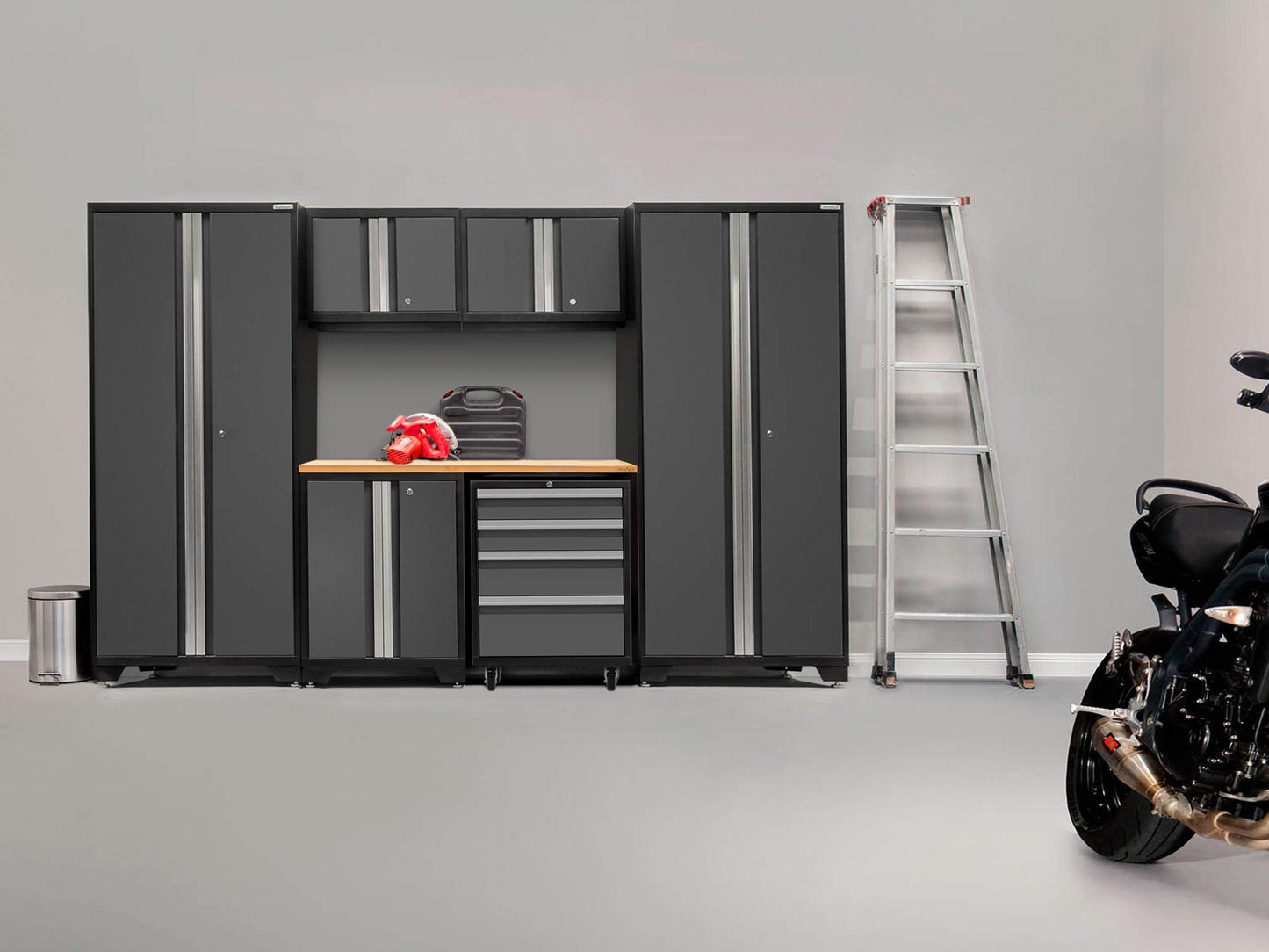 NewAge Products Garage Storage Cabinets Steel Bold Series 7 Piece Sets Includes Bamboo Worktop, Multi-Use lockers, Wall, Base and Rolling Tool Cabinets, Gray, 50421