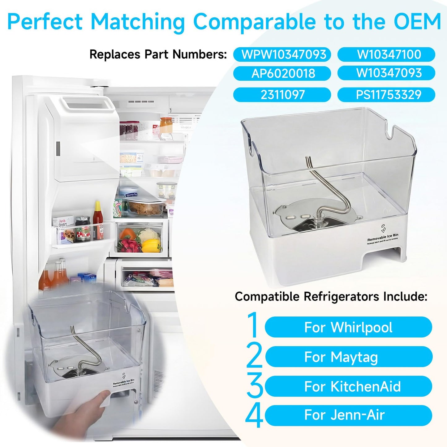 ColleRain WPW10347093 Removable Ice Bin Compatible with Whirlpool Ice Bucket Replacement, W10347093 Ice Maker Assembly for Whirlpool Refrigerator Ice Bin