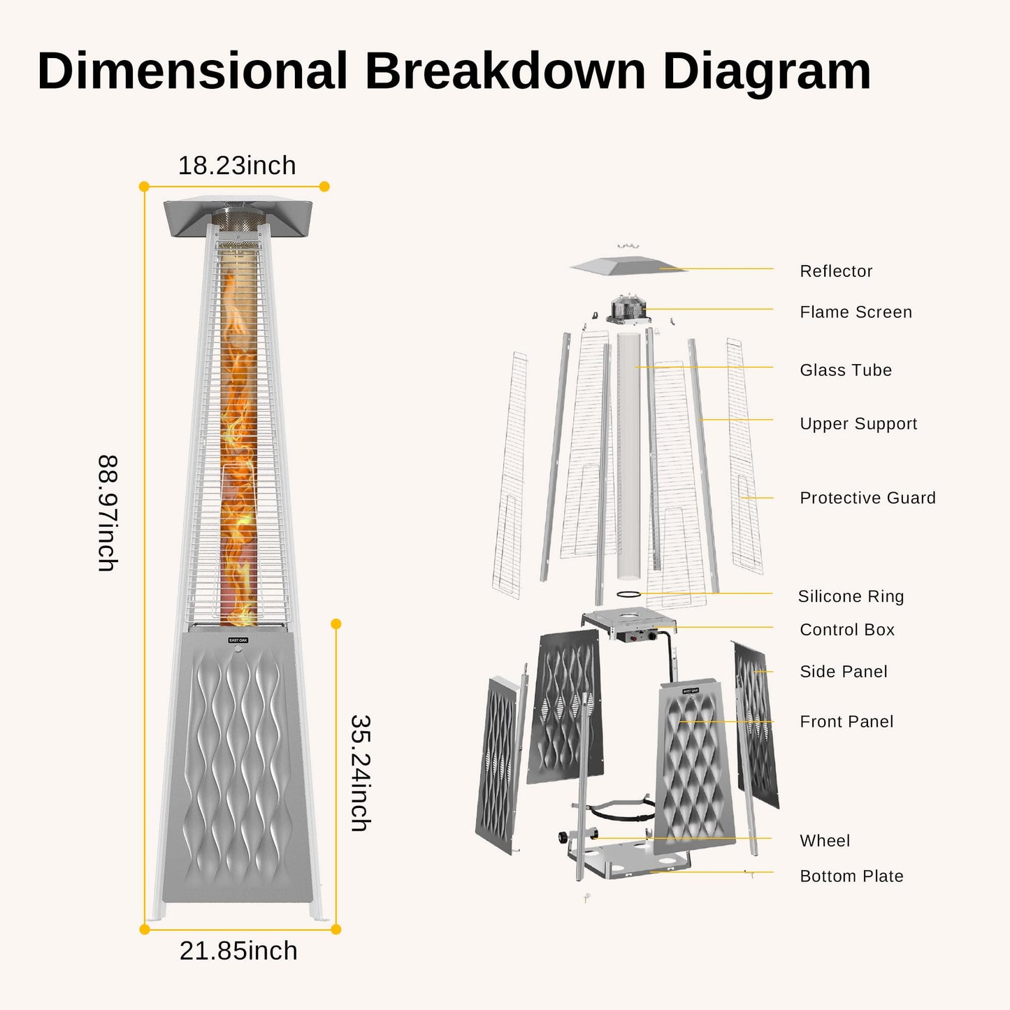 EAST OAK Pyramid Patio Heater, 48,000 BTU Outdoor Heater All Stainless Steel, Quartz Glass Tube Propane Heater for Commercial & Residential, Triple Protection System With Wheels, 2024