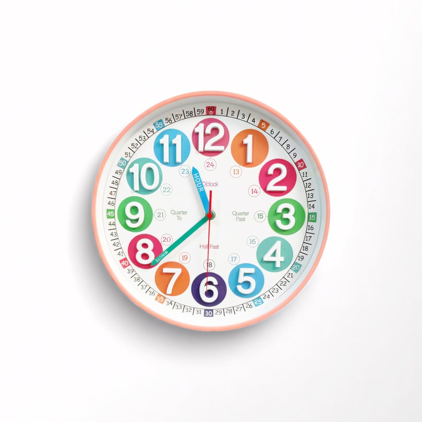 SYOYUEX Learning Time Clock for Kids, 12 Inch 3D Peach Pink Classic Silent Wall Clock, Bedroom, Kitchen, Classroom, Decor at School, Clear Digital Clock for Kids Room