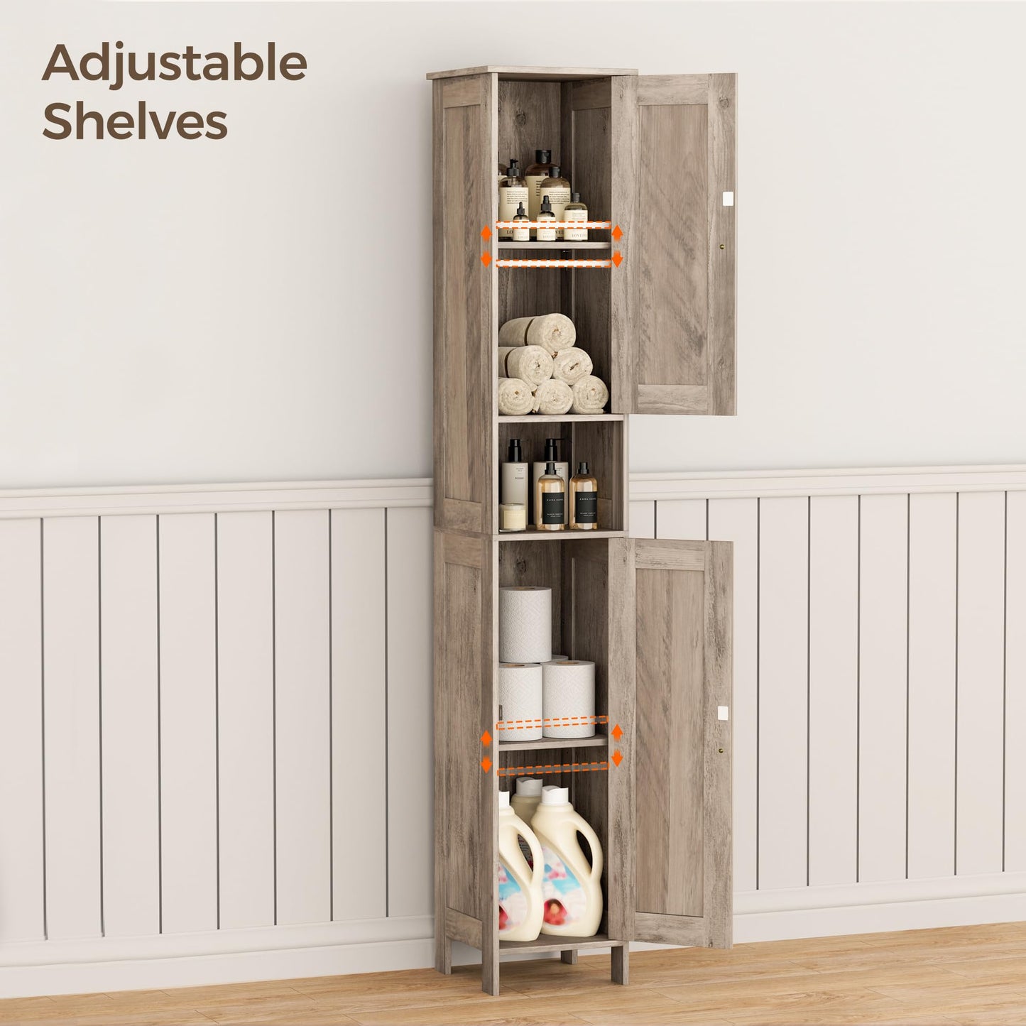 Homleke Tall Bathroom Storage Cabinet with 2 Doors, 67"H Narrow Storage Cabinet with Adjustable Shelves& Anti-Tip Design, Reversible Door Installation, Easy Assembly, 11.8 x 11.8 x 66.9 Inches, Greige