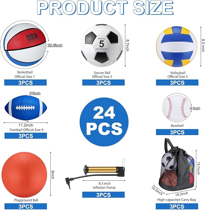 Leyndo 18 Pcs Sport Balls Bulk Set Basketball Football Volleyball Soccer Playground Baseball with Sport Equipment Bag Pump for Outdoor Indoor Practice Gift