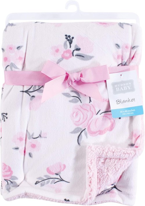 Hudson Baby Plush Mink & Sherpa Blanket - Soft Pink Floral Design | Perfect for Infants