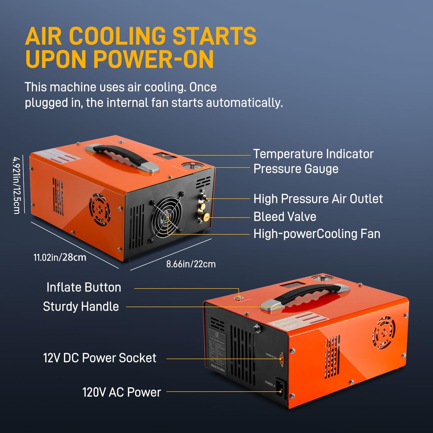 GOYOJO PCP Air Compressor, Max 4500 PSI / 300 Bar, Fast Fill for Airguns or Paintball Tank, Auto Shut-Off, Dual Power Car 12V DC or Home 120V AC, Built-in Cooling Fan, 300W Portable Pcp Pump