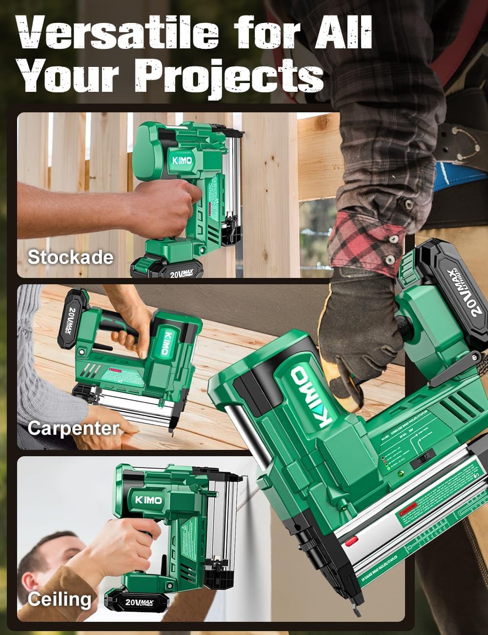 KIMO 2" Brad Nailer Cordless 18 Gauge w/ 20V Battery 2.0Ah X 2, 1000pcs Nails and Staples,180 Nails/min, 2 Firing Modes, Adjustable Nailing Depth, 2 in 1 Cordless Nail Gun and Stapler for DIY Project