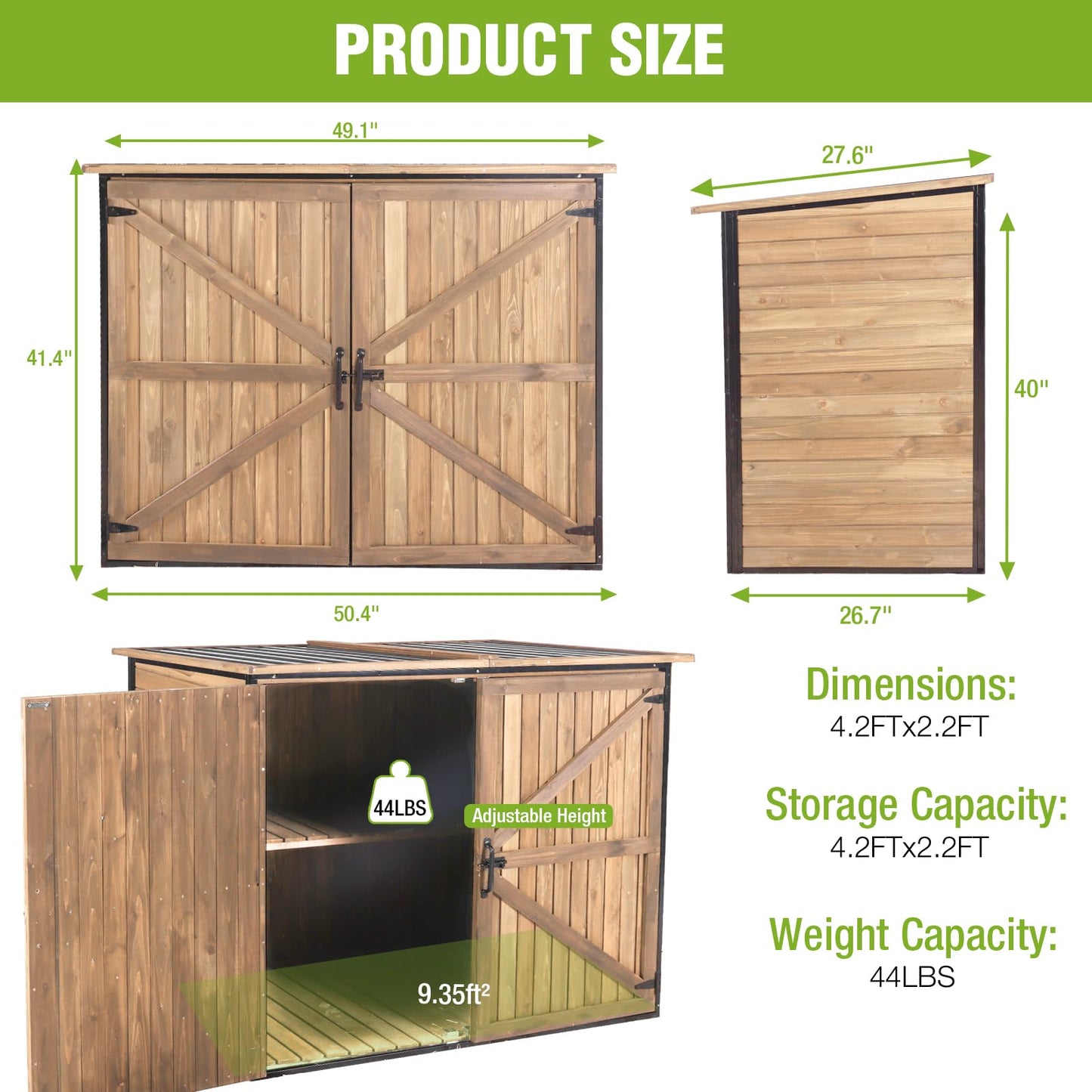 Joyqinchen Outdoor Storage Shed with Strong Metal Frame, Wooden Garden Sheds with Adjustable Shelves and Removable Floor, Weatherproof Outdoor Trash Can Shed, Horizontal Storage Cabinet for Patio
