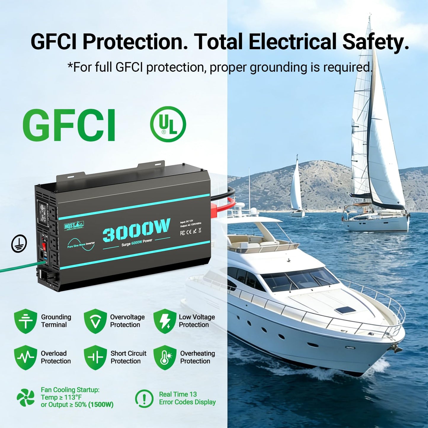 HQST 3000W Pure Sine Wave Inverter 12V DC to 110V AC Converter, w/ 6000W Peak, GFCI Protection, 4X AC Sockets, Hardwire Port, Remote, Solar Power Inverters for Vehicles, Camping, RVs, Home, Off Grid