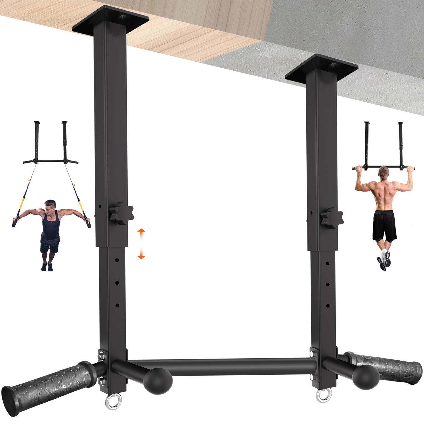 Upgraded-24" Ceiling Mount Pull Up Bar for Garage/Basement/Rafter - Heavy Duty 800LBS Adjustable Height Multi-Grip Chin Up Bar,Ceiling Joist/Beam