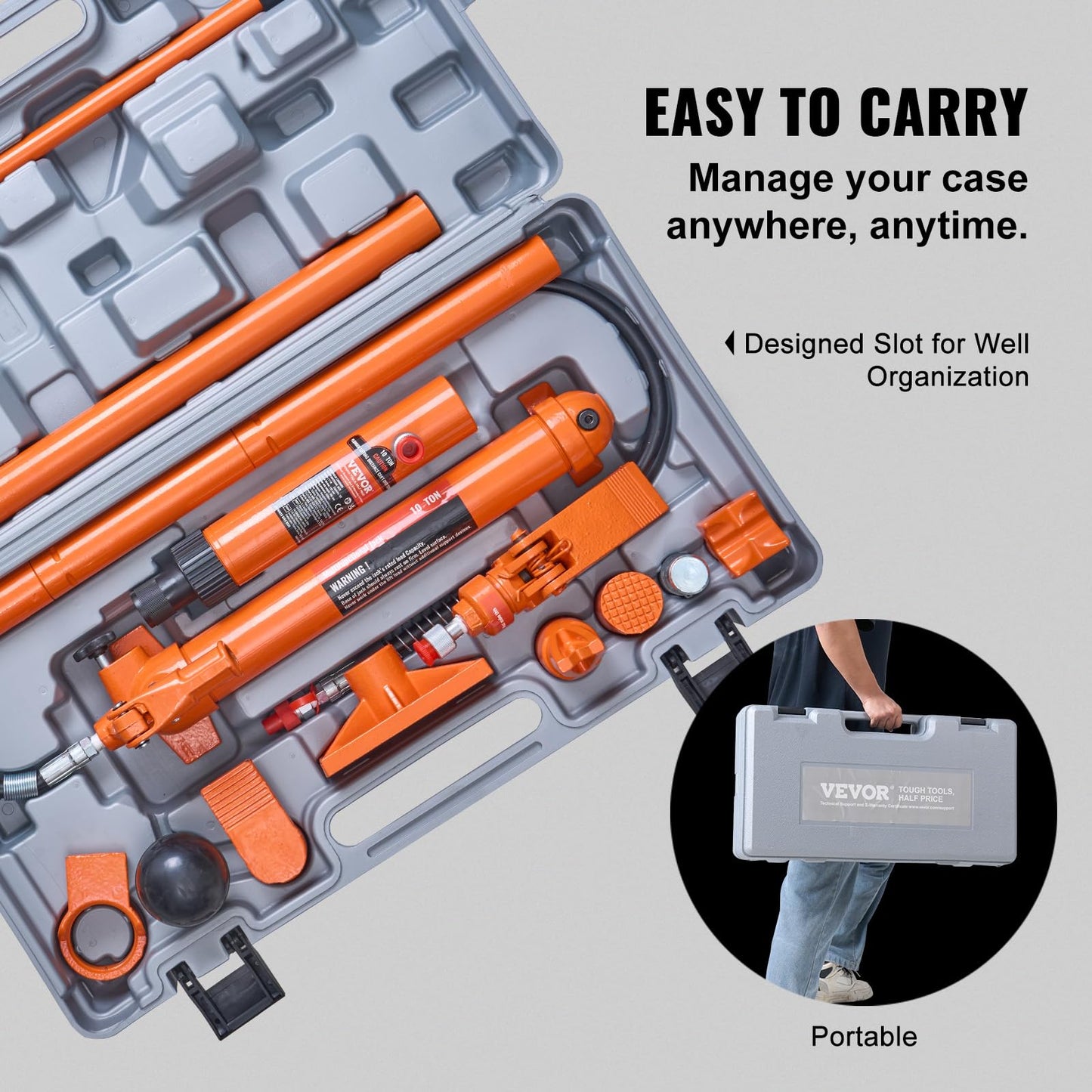VEVOR Porta Power Kit, 10 Ton Load, Portable Hydraulic Jack with 4.6 ft Extended Oil Hose, Long Handle Design, Auto Body Frame Repair Kit with Portable Storage Case for Car Repair, Truck, Farm