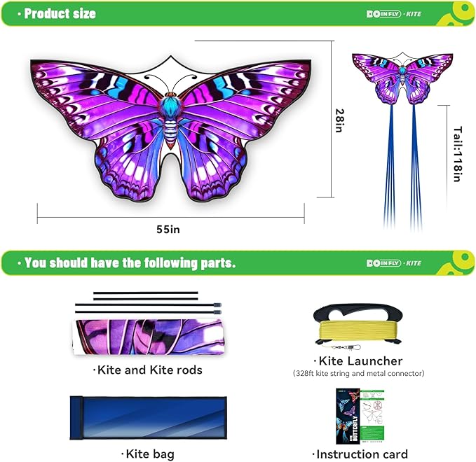 Butterfly Kites for Kids & Adults, 55" x 27" Easy to Fly for Beginners, Dreamy Purple Kite with 328 ft Line & Line Winder, for Beach Games & Backyard Flying, Outdoor Activities & Family Trip