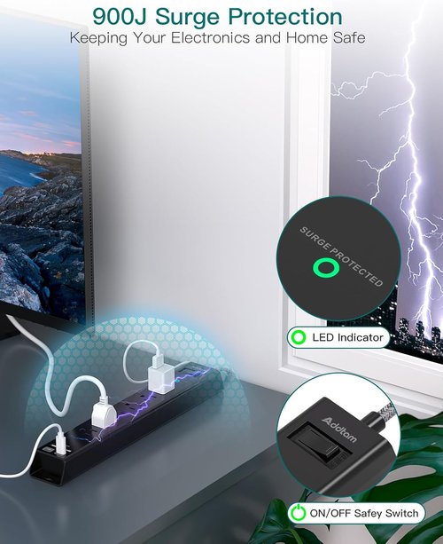 Addtam Surge Protector Power Strip - 6 AC Outlets & 4 USB Ports, 1875W Flat Plug for Home & Office