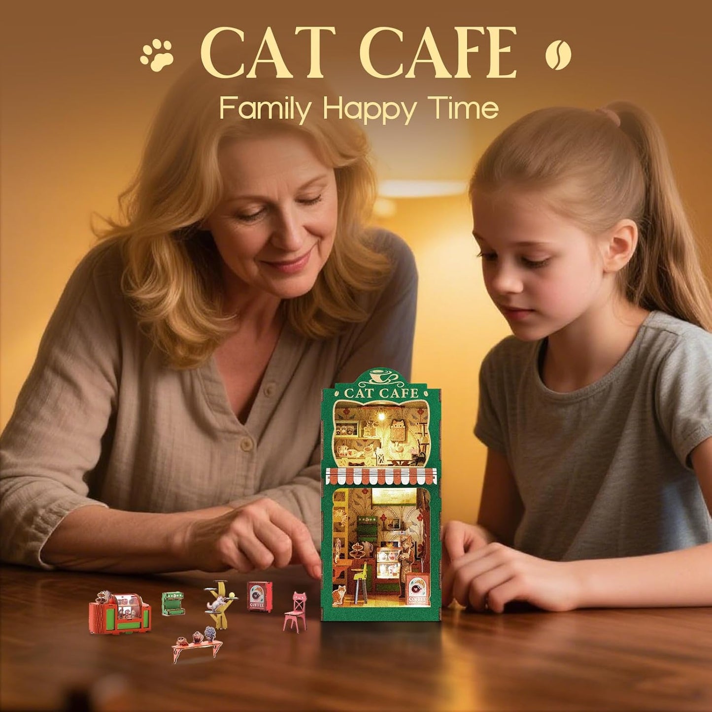 Skiennix Book Nook Kit - DIY Miniature Cat Cafe House for Adults & Teens | 3D Wooden Puzzle Decor
