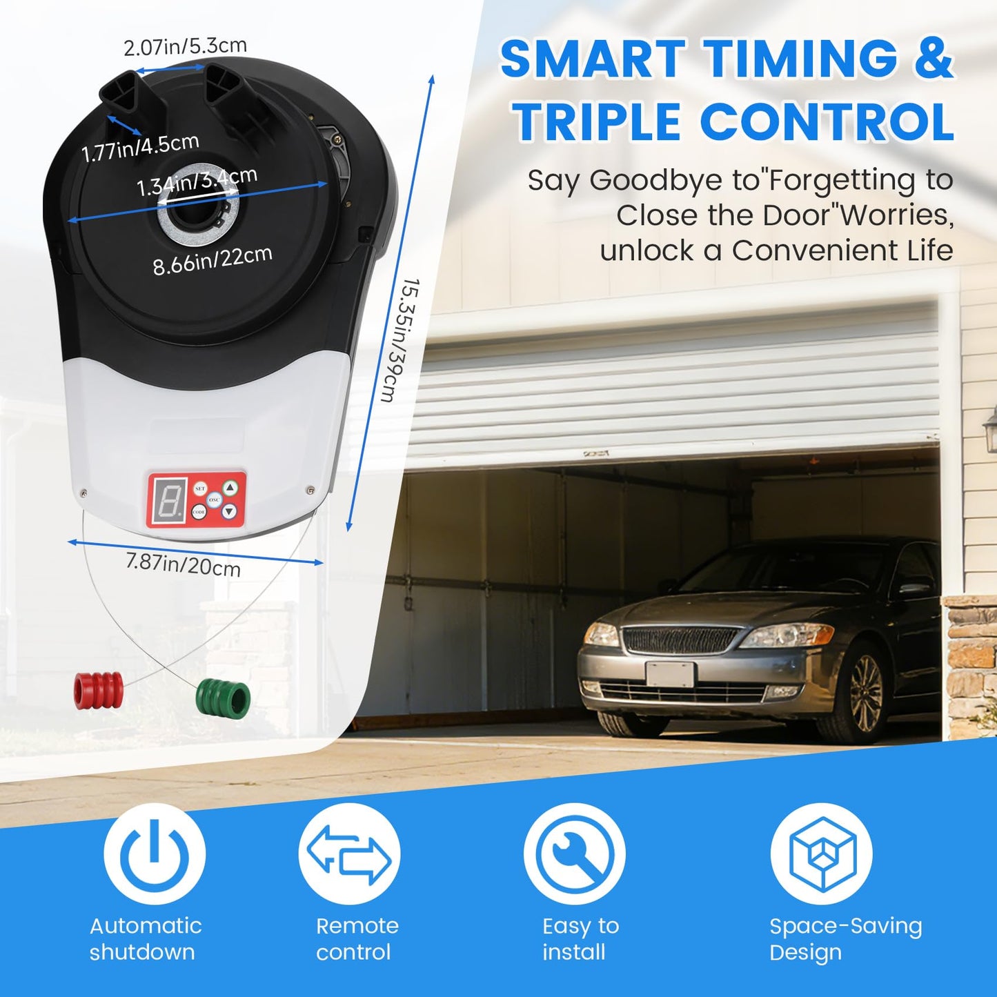 Automatic Roller Door Opener, Roll Up Garage Door Opener with 4 Remotes 800N & Secure Encryption for Garage Warehouse Store & Barn Farm, Wall Mounted