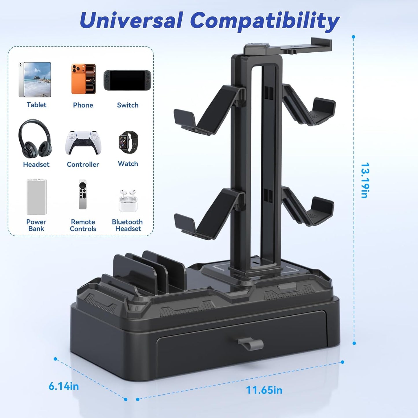 KDD Headset Headphone Stand with Drawer - Rotatable & Detachable Controller Holder for Desk - Multifunctional Organizer