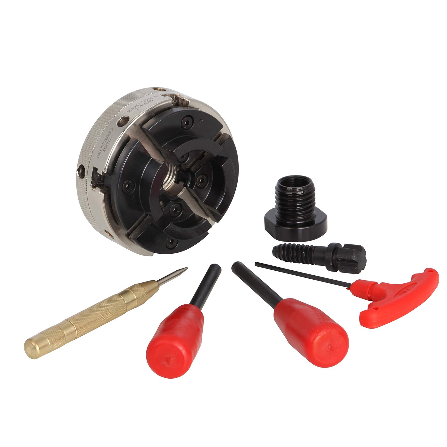 VINWOX 4INCH 4-Jaw Self-Centering Wood Lathe Chuck, 2" Round Jaw Mounted, 1"x8TPI thread & 3/4"x16TPI Adapter, T Allen Wrench, Screw Chuck, SCR4-4, Nickle electric Coating Body