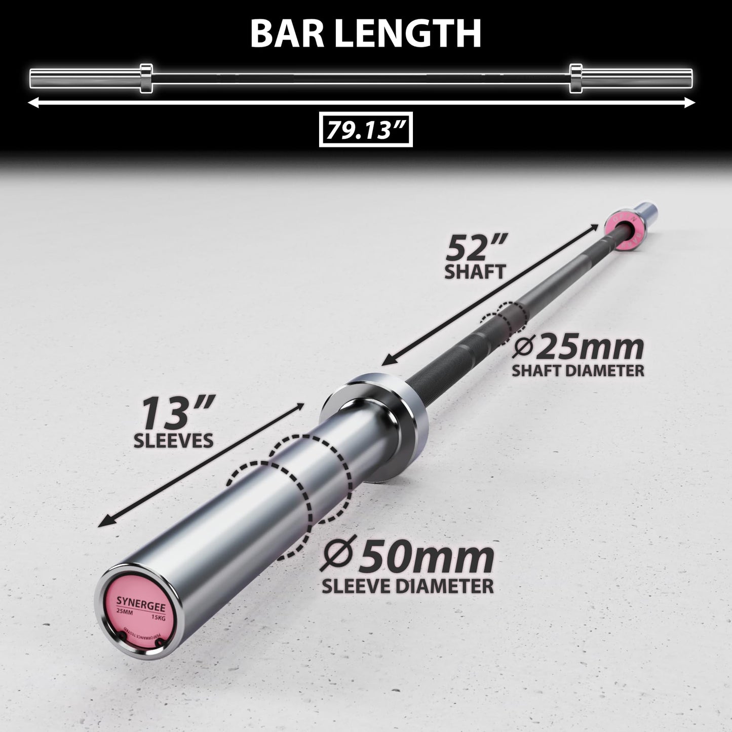 Synergee Open 15kg Women’s Black Phosphate Shaft and Chrome Sleeve Olympic Barbell. Rated 1000lbs for Weightlifting and Powerlifting.