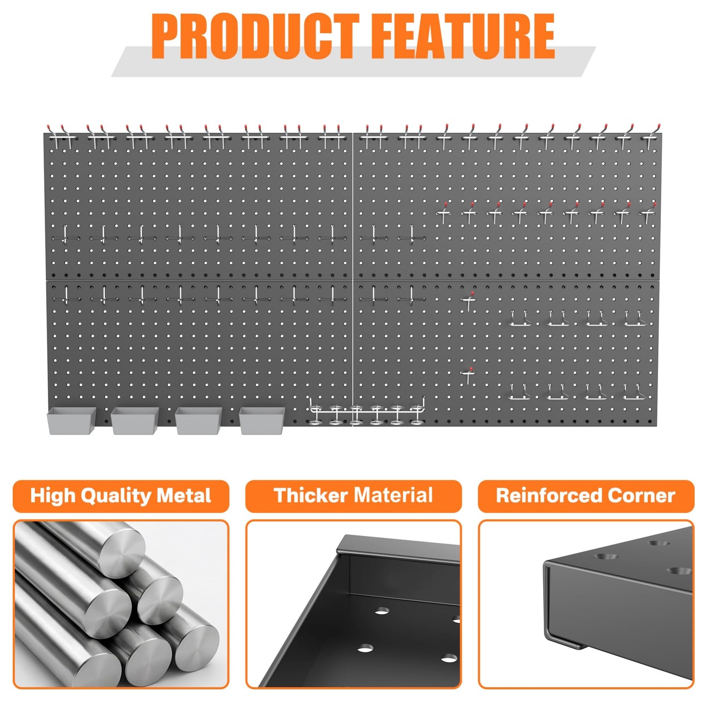 TORACK Garage Tools Organizer Boards Kit with Hooks, Modular Wall-Mounted Tool Storage Pegboard for Workbench(Black, 4 Panels with Hooks)