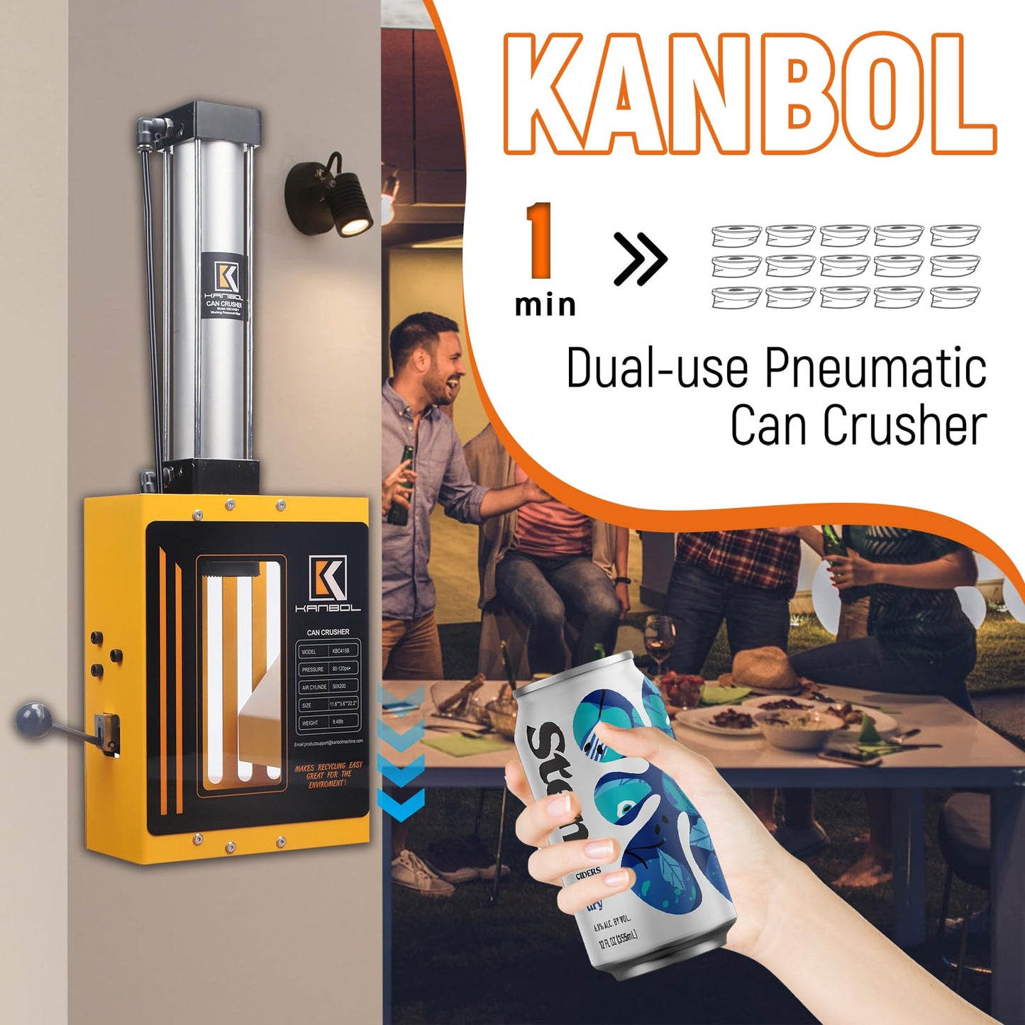KANBOL Yellow Air-Powered Can Crusher – Fully Enclosed Design for Safe 12oz/16oz Aluminum Can Crushing – Wall Mount Recycling Tool